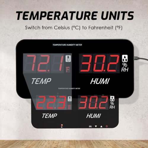 Digital Hygrometer Thermometer LED Display, -20~80°C / 0~100% RH, ±1°C Accuracy, Custom Alarms (6-120s), Table/Wall/Tripod Mount, Type-C, for Home, Office, Lab, Warehouse