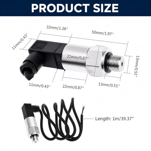 Stainless Steel Pressure Transducer, Pressure Sensor Silicon Pressure Transmitter Sensor Water Flow Sensor 4-20mA Output G1/4 Inch for Water Gas Oil (0-1 MPA)