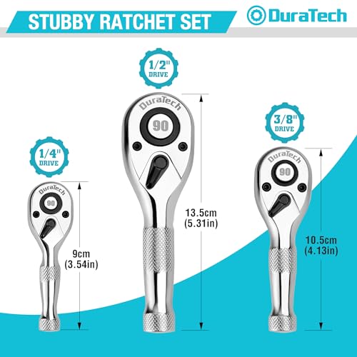 DURATECH 3-Piece Stubby Ratchet Wrench Set, 90-Tooth, 1/4", 3/8", 1/2"drive 1/4" & 3/8" & 1/2" Ratchet Set (3-Piece)