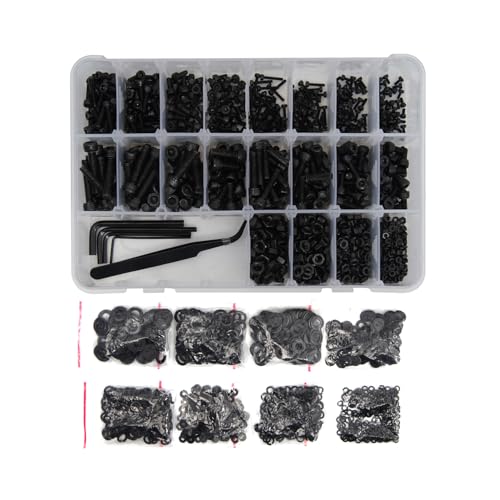 2040pcs 12.9 Alloy Steel Black Zinc Bolts and Nuts Hex Socket Screw Kit (Lock & Flat Washers)- M2,M3,M4,M5,Metric Screw Assortment, Socket Head Cap Screws.