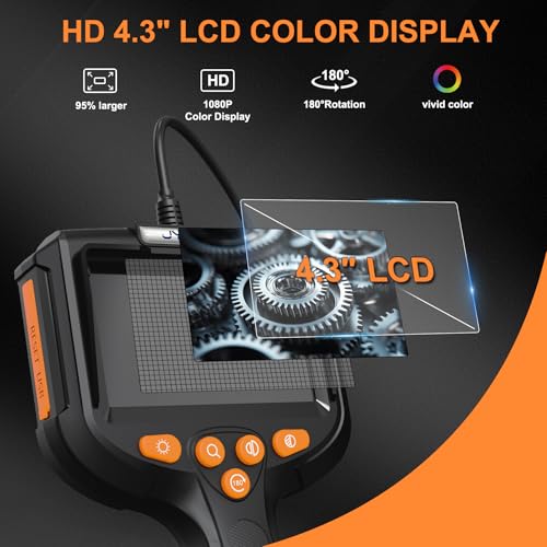 Endoscope Camera with Light, 5.5mm Waterproof Borescope with 4.3" HD Screen, 33ft Semi-Rigid Cable for Automotive, Plumbing, Pipe Inspection 4.3IN-33FT