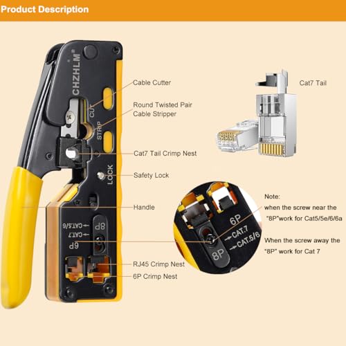 Rj45 Crimp Tool Pass Through Ethernet Crimping Tool kit for 8P-Cat7 Cat6 Cat5 6P Telephone Connector Network Crimp Tool RJ45 Crimper With Cable Tester Covers Connectors Mini Yellow Stripper Cat/5/6/7 RJ45 Crimp Tool Set