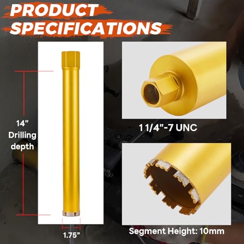 1 3/4 Inch Wet Core Drill Bit, 14" Depth, 1-1/4"-7 Thread Diamond Core Bits for Concrete with Rebar, Masonry, Brick Block,Cement, Stucco, Stone (44mm) 1-3/4 Inch