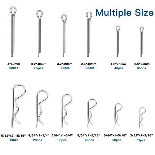 Boatsea 420Pcs Cotter Pin Assortment Kit R Clips Spring Retaining Hair Pins Assortment Kit, Including 6 Sizes 200PCS Cotter Pins and 6 Sizes 220PCS Hairpin Pins, Zinc-Plated