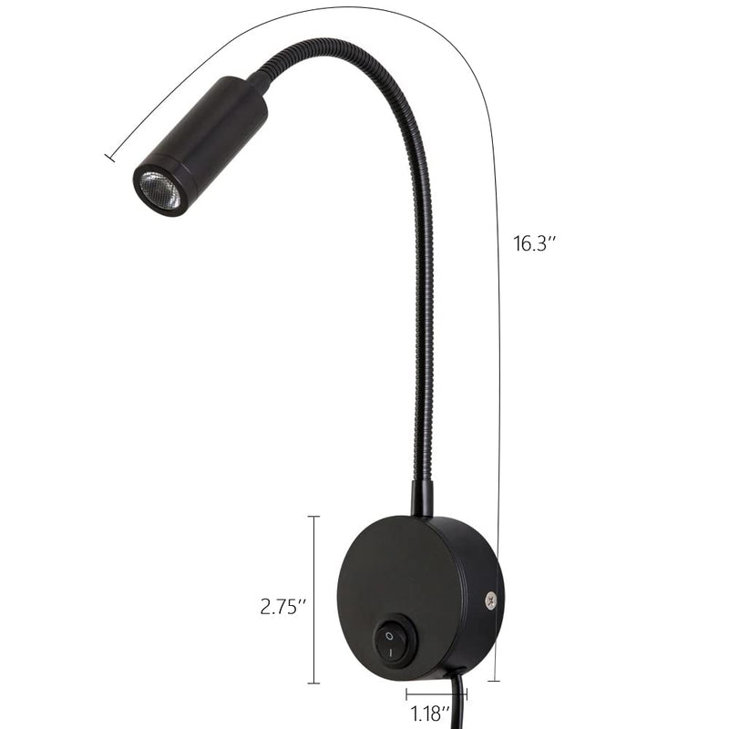 Reading Lamp Wall Sconces Light LED 3W Warm White 3000K Plug for Reading Books (Black 2pcs 3000K Cord) Black Rocker Switch 2PCS