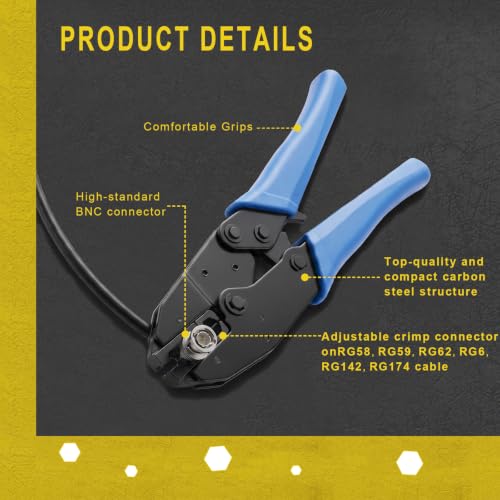 Coax cable crimper kit,BNC Crimping tool for RG58, RG59, RG62,10PCS RG58&RG59 BNC Male Crimp Connectors,10PCS BNC Female to Female Connectors,Cable Stripper, Heat Shrink Tube Coaxial Tester