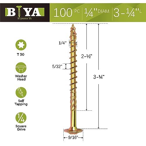Structural Lag Screws 1/4" x 3-1/4" 100PCS Heavy Duty Wood Screws Yellow 1/4" x 3-1/4" - 100 SCREW COUNT
