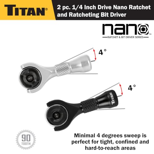 Titan 11332 2-Piece 1/4-Inch Drive x 2-1/4-Inch Swivel Head Ratchet Set Nano Bit Driver and Ratchet