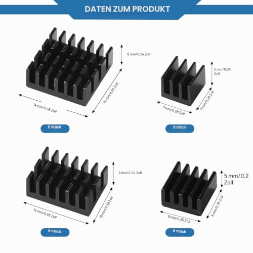 VooGenzek 20 Pieces Aluminum Heatsink Kit, Radiator Fin Heatsink, Heatsink, Cooler, with Heat-Conducting Special Adhesive Film, for Cooling Electronic Components, Black Black - Multiple Sizes - 20 Pieces