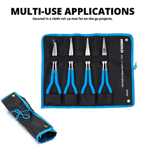 NEIKO 02105A (4) Long Nose Plier 11” Long Reach, Straight, Angle, Curved Pliers, 45 & 90 Degree, bent Head Needle Nose Pliers Set for Mechanics, Long Handle Pliers Long Nose Pliers