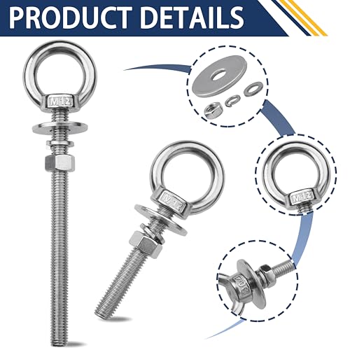 4 Pack M12 Stainless Steel Eye Bolts with Nuts, 1/2" x 3" Eye Bolts M12x77mm (1/2"x3") 4