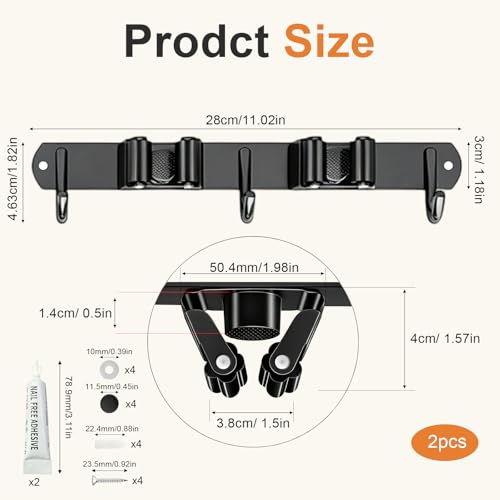Pack of 2 Broom Holder Wall Self-Adhesive Stainless Steel (Black) - For Mop, Scrubber & Hand Brush - Adhesive or Screw Attachment - 2 Clips + 3 Hooks - Storage for Home, Garage 2 clips, 3 hooks (2 pieces) Black