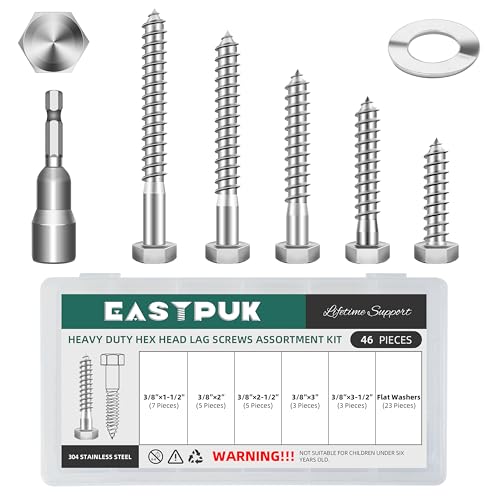 (8Sets) 3/8" x 6" Hex Head Lag Bolts & 46Pcs 3/8" Hex Head Lag Bolts Screws Assortment Kit, Heavy Duty Lag Screws with Washers, 304 Stainless Steel 18-8, 3/8 Bolt for Wood