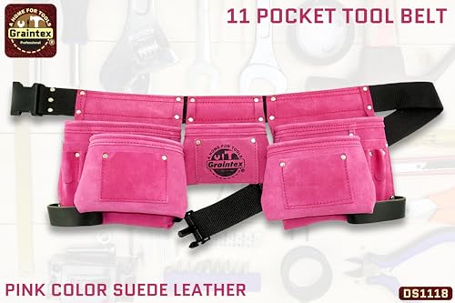 Graintex DS1118 8 Pocket Pink Tool Belt in Suede Leather with 2” Webbing Belt, 2 Leather Hammer Holders Loops 1