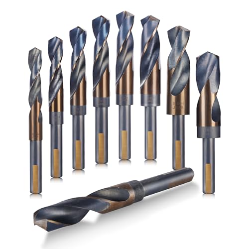 Reduced Shank Drill Bits Set, 8 Pcs Silver and Deming Large Drill Bit Set with Aluminum Index Case, M2 Black and Gold Finish HSS, 135-Degree Split Point for Smooth Drilling, 9/16” - 1” 8PCS