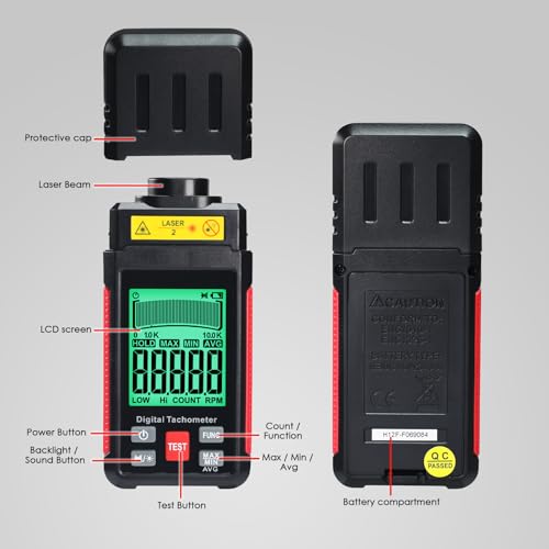 Non-Contact Tachometer with Reflective Tape, High Precision Digital Laser Speedometer (10-99,999 rpm) with Large LCD Display, Backlight and Max/Min/AVG Function and Data Hold