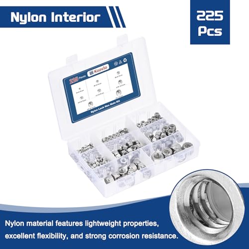 225Pcs Nylon Locking Hex Nuts Kit - [#4,#6,#8,#10,1/4",5/16",3/8",1/2"], 304 Stainless Steel Hardware Nuts, Silver, for Automotive, Aerospace, Industrial Applications Use