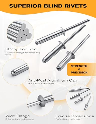 250 PCs 1/4'' x 1''Aluminum Blind Rivets, Pack of 250 CT 6.4mm x 25mm Pop Rivets with Aluminum Grip and Steel Mandrel 1/4 x 1" Silver