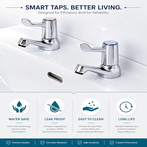 Pair of Bathroom Basin Sink Taps – Chrome Brass Pillar with Ceramic Lever, Hot & Cold Water Mixer, Modern Deck Mounted Basin Faucet for Bathroom or Kitchen Wash Basin
