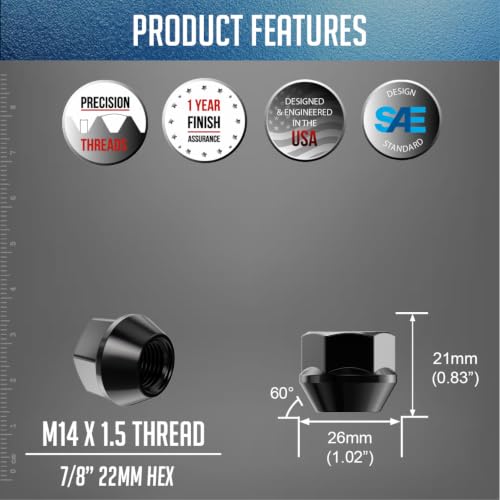 Wheel Accessories Parts 32 Pcs M14x1.5 14x1.5 Thread Open End Bulge Acorn 21mm 0.83" Long Lug Nuts Black 7/8" 22mm Hex Fits Chevy Silverado GMC Sierra 2500 3500 Ford F250 F350 RAM 2500 3500 32 Pack 7/8" Hex Open