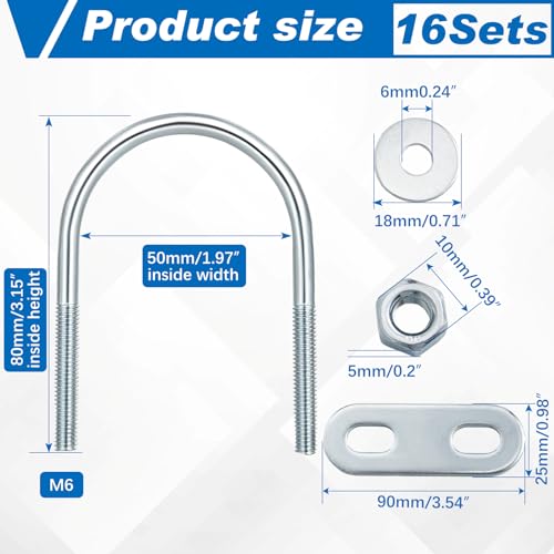 Therwen 16 Sets U Bolt Round Bend Zinc Plated with Nut, M6 x 50 mm X 80 mm