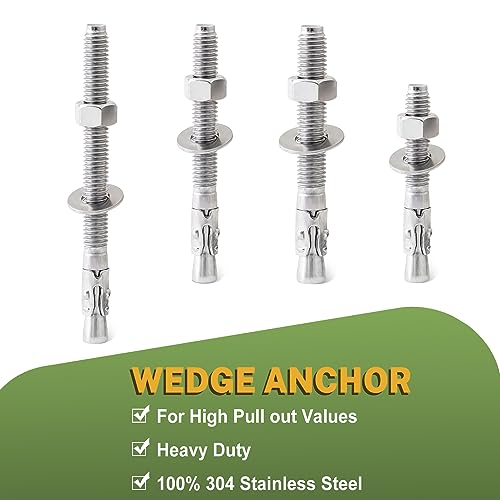 LIONMAX Stainless Steel Concrete Anchors, 3/8" x 3" Wedge Anchors, 20Pcs 3/8" x 3" 20