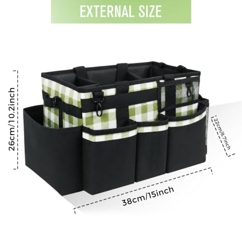 SCAVATA Wearable Cleaning Caddy, Cleaning Caddy Supplies Organizer with Handle & Shoulder Straps for Housekeepers, Under Sink & Car Cleaning Tool Organizers Bag with 4 Foldable Divider (GreenPlaid) GreenPlaid