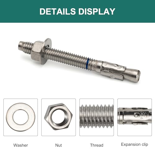 3/8" x 3-3/4" Concrete Anchors (12 Pack) 3/8 inch Wedge Anchors Bolts Stainless Steel 3/8"x3-3/4"