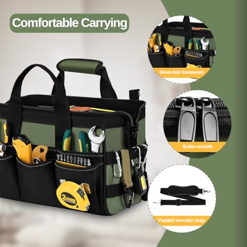 Heavy Duty Tool Bag, Canvas Utility Organizer with Shoulder Strap, Waterproof Electrician Mechanic Gardening Pouch, Wide-Mouth Zipper Storage Tote, Portable Handyman Tool Bag (12 inch) 12 inch