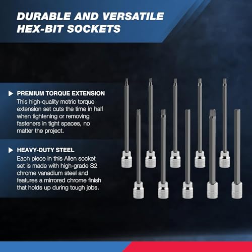 Neiko 10077A 3/8” Drive Metric Extra Long Allen Hex Bit Socket Set | 10 Pieces | Sizes 3mm – 10mm | Shaft Length 6” | Premium S2 Steel Bits | Heavy Duty Cr-V Sockets | Exceeds ANSI Standards 10 Piece