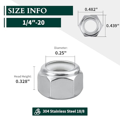 1/4"-20 Nylon Lock Nuts, 304 Stainless Steel (18-8) Hex Insert Locknuts, UNC Coarse Thread, Anti-Vibration for Automotive & Home Repair, 200 Pack 1/4"-20