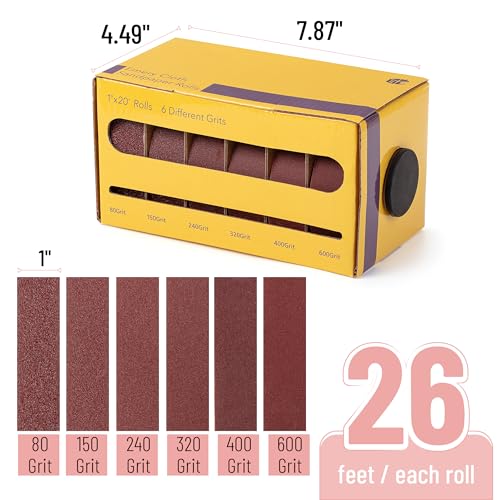 Bates- Emery Cloth Roll, 1" x 26 FT, 6 Grits, 80/150/240/320/400/600 Grit, Abrasive Sandpaper Roll of Sandpaper Set with Dispenser, Emery Cloth for Metal, Wood, Polishing (Pack of 2) 26 FT, 6 Rolls (Pack of 2)