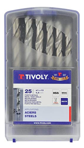 TIVOLY - 25-Piece Metal Drill Bit Set HSS Ground - Drilling Standard Steels - Self-Centering Tip - Ø1/25 to Ø17/32 in 1/50" increments 25pcs (Ø1-13 mm)