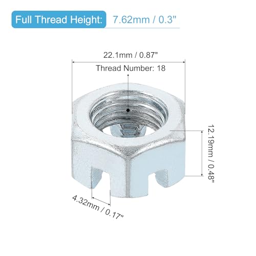 uxcell 9/16-18 UNF Hexagon Slotted Nut, Grade 6.8 Zinc-Plated Carbon Steel Hex Nuts Good for Machinery Repairing, Silver, 8Pcs 8