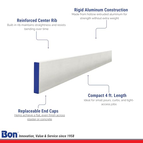 Bon Reinforced Aluminum H Screed – 3/4 in. x 4 in. x 4 ft. with Center Rib and Replaceable End Caps – Durable, Lightweight Concrete Leveling Tool