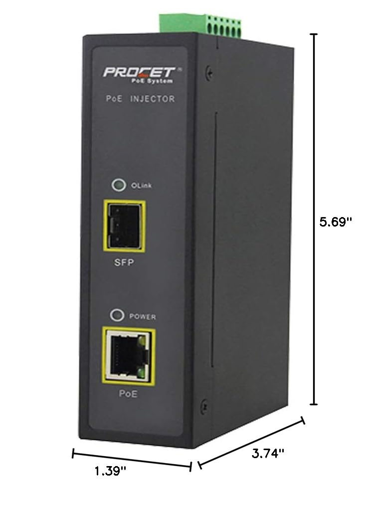 PROCET 30W SFP Fiber PoE Injector DIN Rail SFP/Uplink PoE+ Power Injector Gigabit Industrial, IEEE802.3af/at Compliant for IP Camera, Access Point, POS, Kiosks, PT-PSE105GS-E