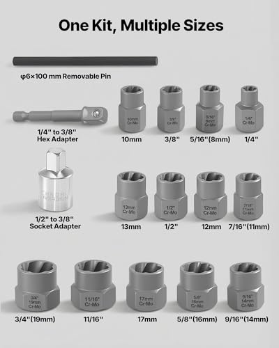 VEVOR Bolt Extractor Kit, 16 Pieces Impact Bolt & Nut Remover Set with Adapters and Pin Punch, Solid Storage Case, Cr-Mo Steel for Removing Damaged, Rusted, Stripped, Rounded Bolts, Nuts and Screws 16 PCS