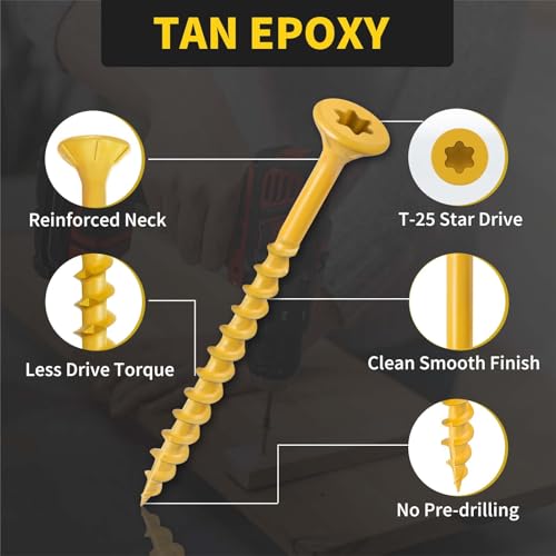 Deck Screws #10 x 2-1/2, 310+310pcs, Tan and Brown Epoxy Coated, T25 Star Bit Above 1500 Hour Salt Spray Coating Outdoor Decking Screws Excellent Rust Resistant for Outdoor Wood Fence
