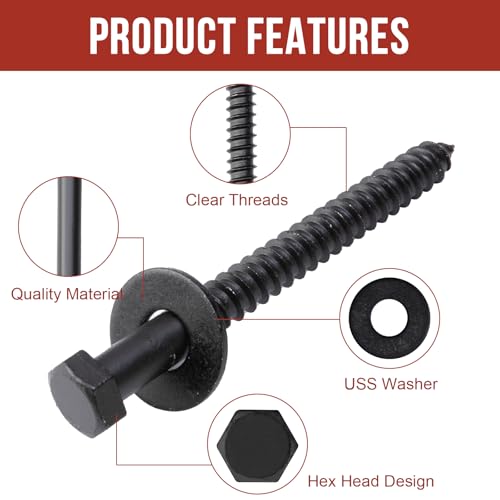 3/8" x 4" Lag Bolts (50 PCS) Black Lag Screws for Wood, Double Anti-Rust Coatings, Heavy Duty Hex Head with Washers 3/8"x4"