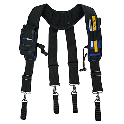 MELOTOUGH Tool Belt Suspenders Construction Work Suspenders with detachable phone holder comfortable foam shoulder padder (Blue) +