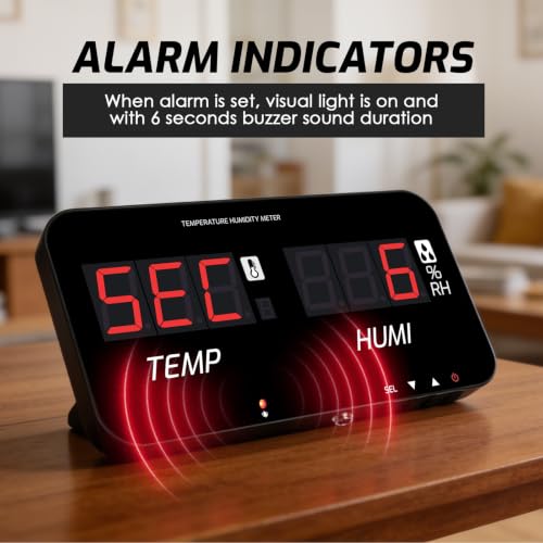 Digital Hygrometer Thermometer LED Display, -20~80°C / 0~100% RH, ±1°C Accuracy, Custom Alarms (6-120s), Table/Wall/Tripod Mount, Type-C, for Home, Office, Lab, Warehouse