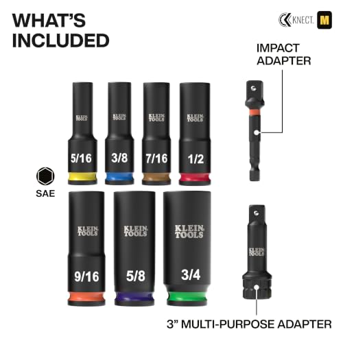Klein Tools 65109IMPCT KNECT Deep-Well 3/8-Inch Drive Impact Socket Set, SAE, 9-Piece Tool Set with Impact Driver Adapter, Multi-Purpose Wrench Adapter, Color-Coded, MODbox Socket Organizer 9-Piece SAE Set