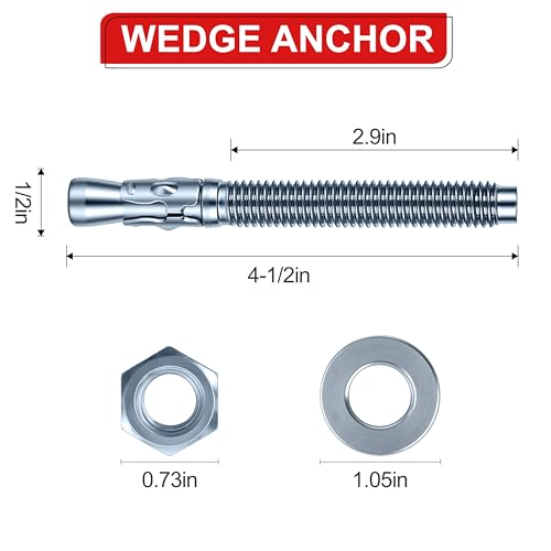 1/2 x 4-1/2 inch Wedge Anchors, 24 pcs Concrete Screw and Anchor Kit, Galvanized Concrete Anchors, Concrete Wall Anchors and Brick Anchors, Suitable for Concrete Floors and Walls 1/2 x 4-1/2In