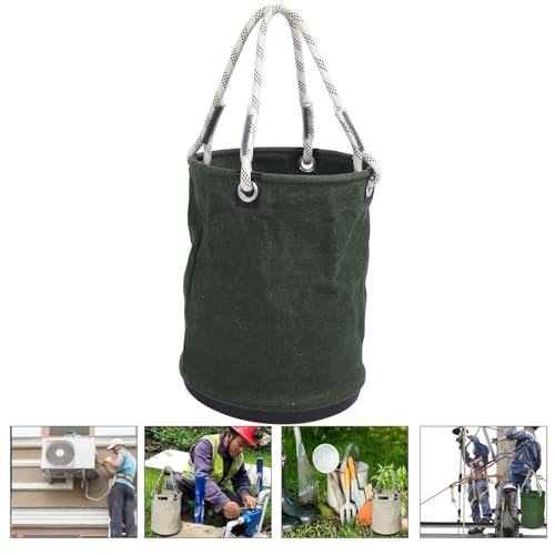 Canvas Storage Bucket 40x30cm 30KG Load Bearing, Collapsible Canvas Bucket, Tool Organizer for Maintenance Work, All Purpose Tool Bucket with Black Molded Bottom, Drawstring Green