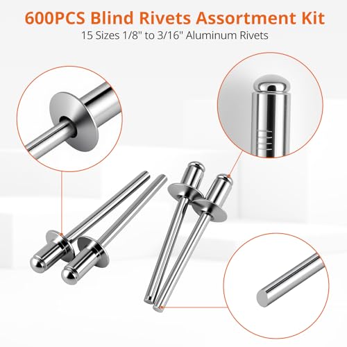 Proster 600Pcs Black + 600Pcs Silver Aluminum Blind Rivets