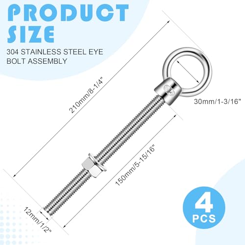 4 Pack M12 Stainless Steel Eye Bolts with Nuts, 1/2"x 6" 4 1/2" X 8"
