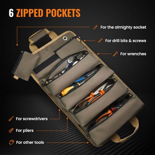 Save 10% on 2 Heavy Duty Roll-Up Tool Organizer Bags with Detachable Pouches | Black & Khaki