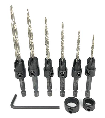 FTG USA Wood Countersink Drill Bit Set 6 Sizes Set with 6 Storage Containers for Countersink HSS M2 Tapered Drill Bits, Quick Change Hex Shank Countersink bit, 2 Stop Collar, 1 Allen Wrench