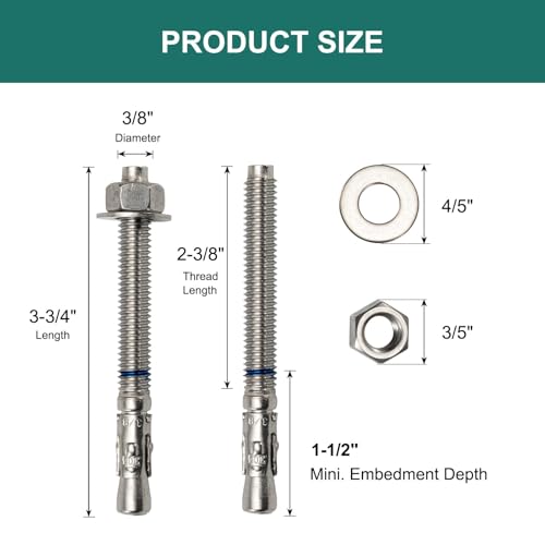 3/8" x 3-3/4" Concrete Anchors (25 Pack) 3/8 inch Wedge Anchors Bolts Stainless Steel 3/8"x3-3/4"