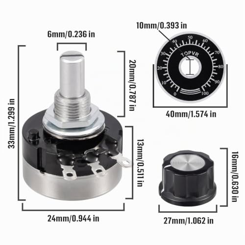 RV24YN20S 10K Ohm Potentiometer Single Turn B103 Taper Rotary Potentiometer 3 Clamps Single Turn Carbon Film Potentiometer Variable Resistors with A03 Knobs and Dial Pack of 2 B103-10K Ohm